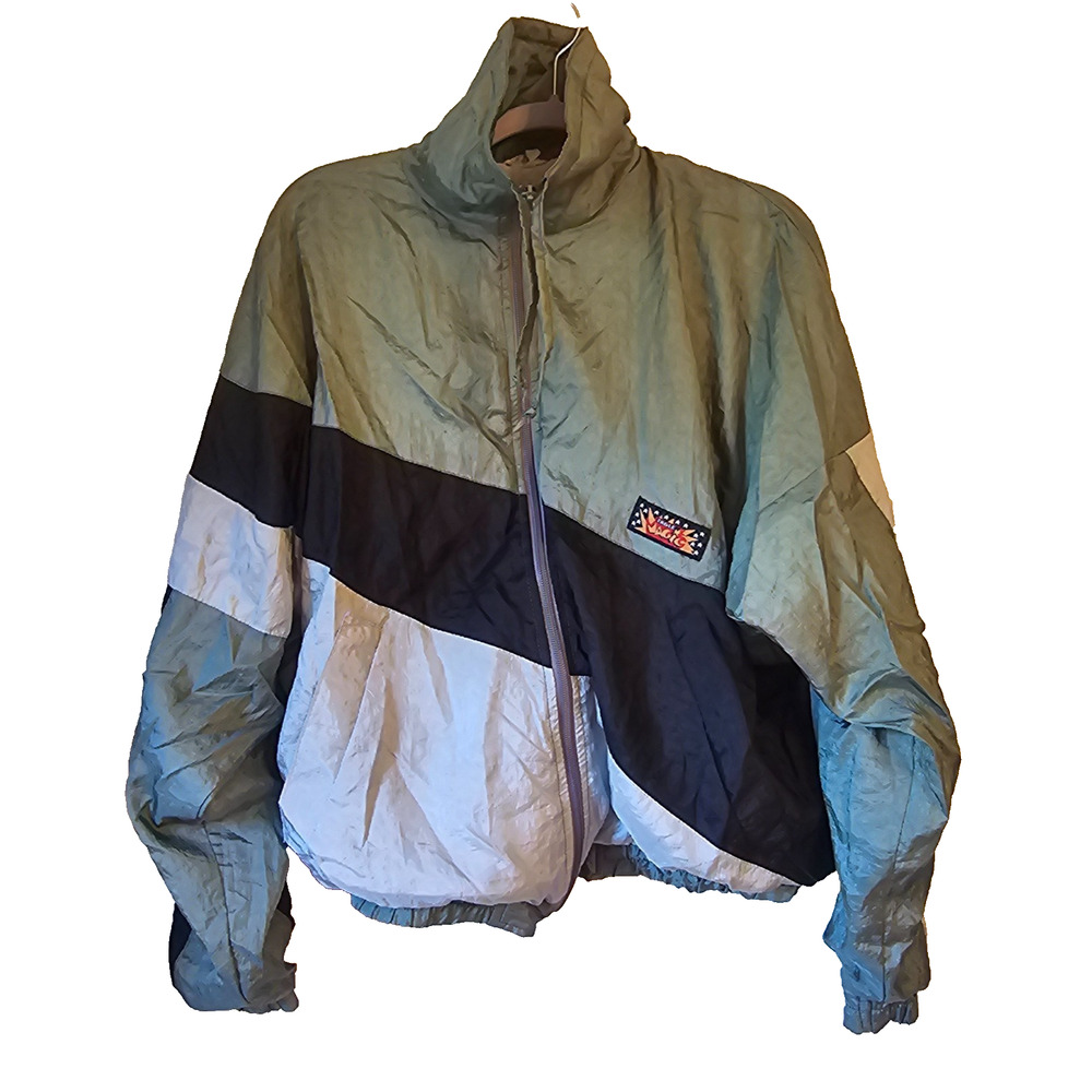 Vintage 80s 90s Colorblock Windbreaker Jacket Full Zip Retro Teal Gray Sz S